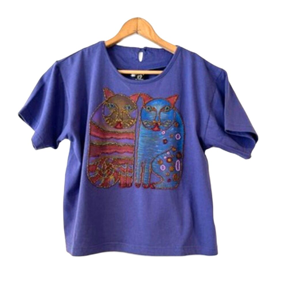 Laurel Burch Vintage Beaded Cat T-Shirt Blue Purple Whisker Cat Made in Bali - Picture 3 of 8